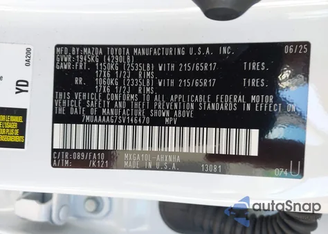 2025 Toyota Corolla Cross L z USA, uszkodzony, nr VIN 7MUAAAAG7SV146470